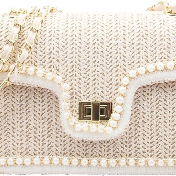 Women Shoulder Bag Straw PU Leather Large Capacity Evening Purse with Pearls - Picture 1 of 7